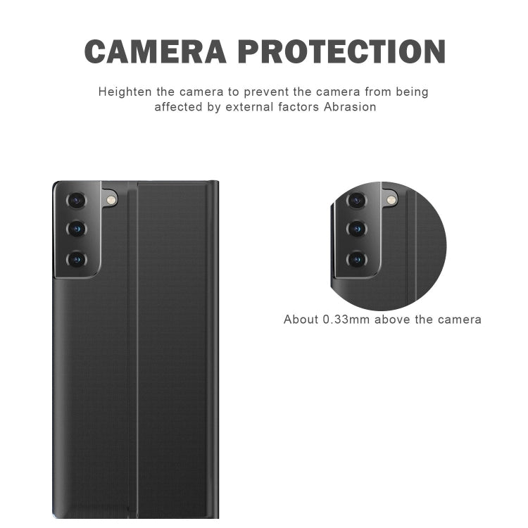 For Samsung Galaxy S21 FE Plain Texture Cloth Attraction Flip Holder Leather Phone Case(Dark Blue)