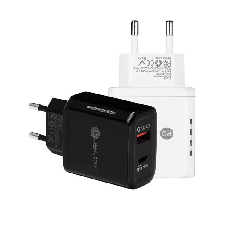 TE-PD01 PD 20W + QC3.0 USB Dual Ports Quick Charger with Indicator Light, EU Plug(White)