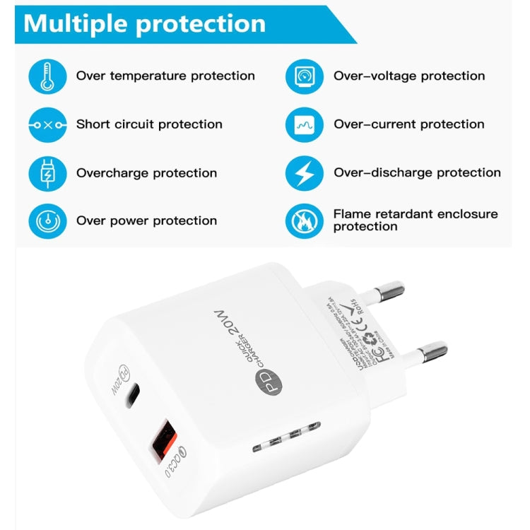 TE-PD01 PD 20W + QC3.0 USB Dual Ports Quick Charger with Indicator Light, EU Plug(White)