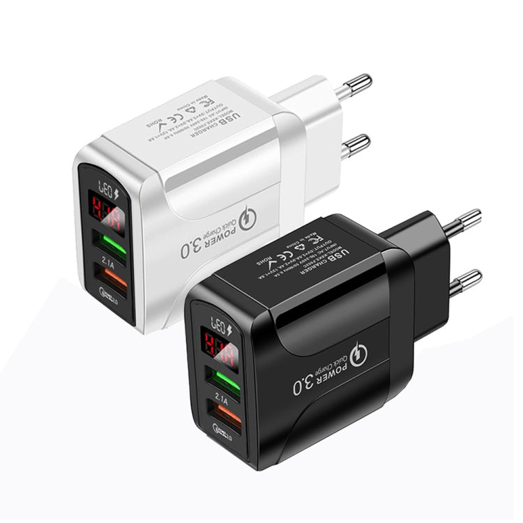 F002C QC3.0 USB + USB 2.0 Fast Charger with LED Digital Display for Mobile Phones and Tablets, EU Plug(Black)