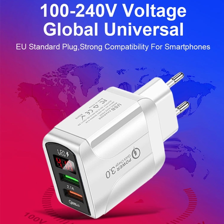 F002C QC3.0 USB + USB 2.0 Fast Charger with LED Digital Display for Mobile Phones and Tablets, EU Plug(Black)