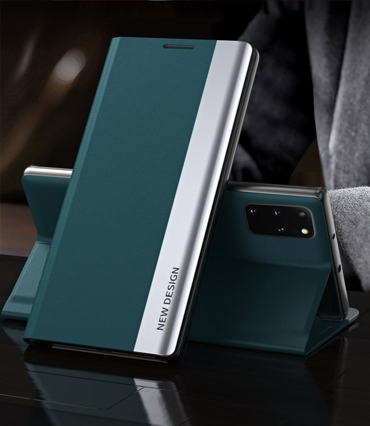 For Samsung Galaxy S20 FE Side Electroplated Magnetic Ultra-Thin Horizontal Flip Leather Case with Holder(Green)