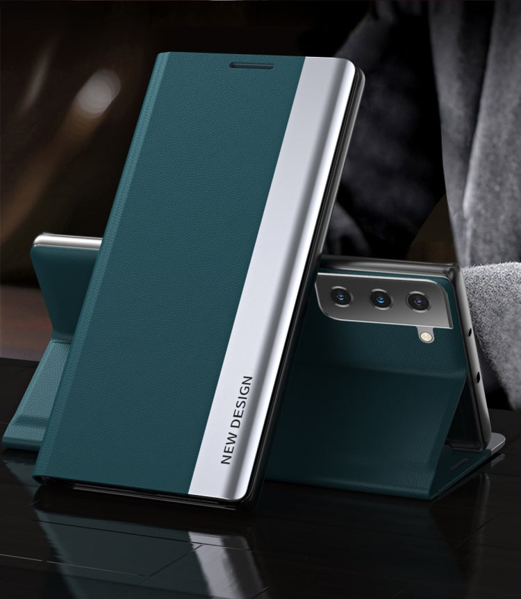 For Samsung Galaxy S21+ 5G Side Electroplated Magnetic Ultra-Thin Horizontal Flip Leather Case with Holder(Green)
