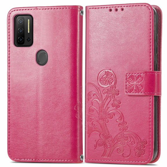 For Ulefone Note 11 Plus Four-leaf Clasp Embossed Buckle Mobile Phone Protection Leather Case with Lanyard & Card Slot & Wallet & Bracket Function(Magenta)