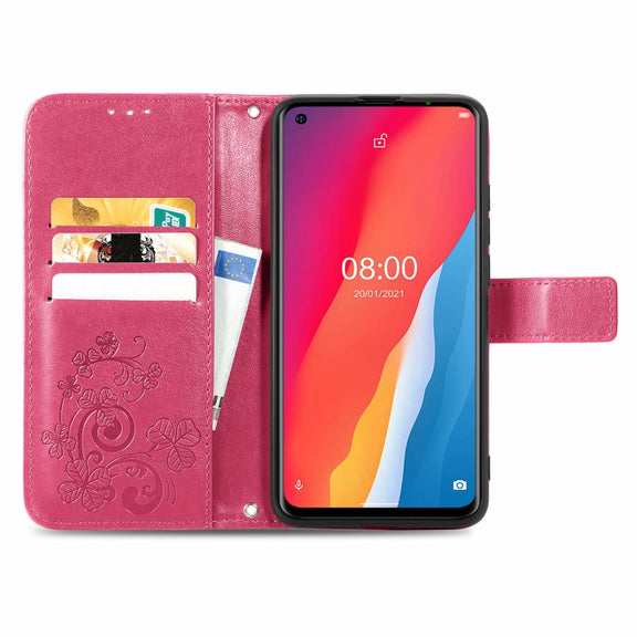 For Ulefone Note 11 Plus Four-leaf Clasp Embossed Buckle Mobile Phone Protection Leather Case with Lanyard & Card Slot & Wallet & Bracket Function(Magenta)