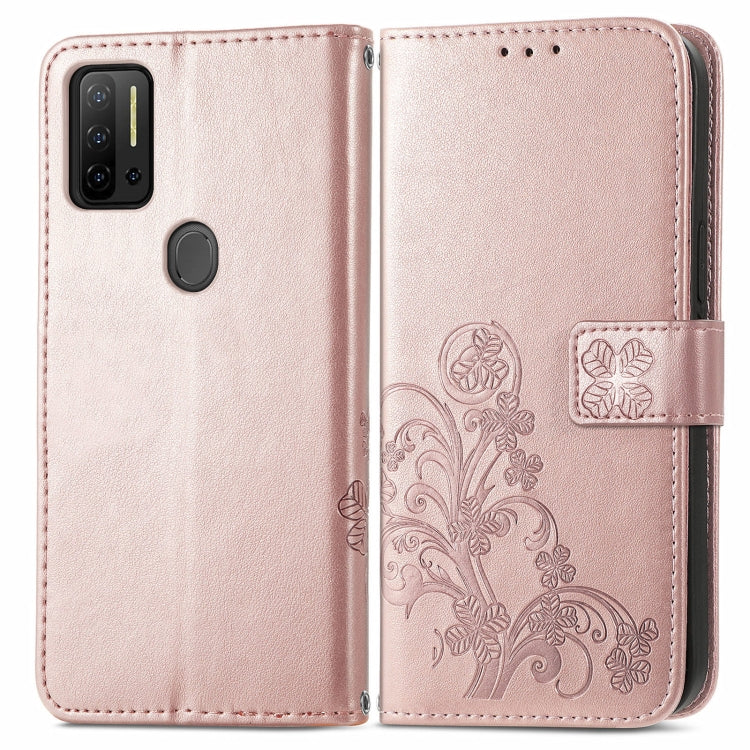 For Ulefone Note 11 Plus Four-leaf Clasp Embossed Buckle Mobile Phone Protection Leather Case with Lanyard & Card Slot & Wallet & Bracket Function(Rose Gold)