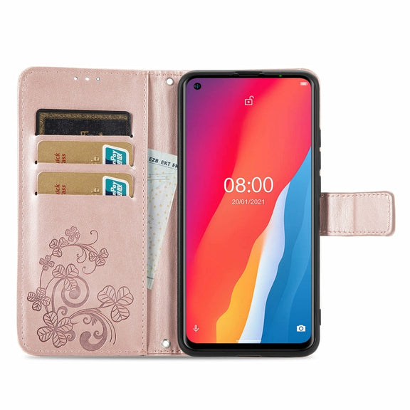 For Ulefone Note 11 Plus Four-leaf Clasp Embossed Buckle Mobile Phone Protection Leather Case with Lanyard & Card Slot & Wallet & Bracket Function(Rose Gold)