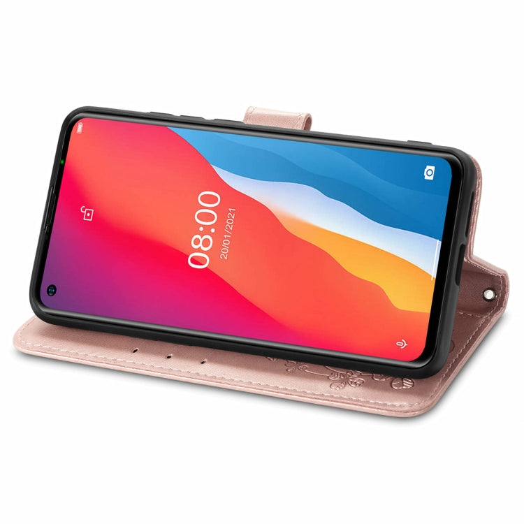 For Ulefone Note 11 Plus Four-leaf Clasp Embossed Buckle Mobile Phone Protection Leather Case with Lanyard & Card Slot & Wallet & Bracket Function(Rose Gold)