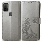 For Ulefone Note 11 Plus Four-leaf Clasp Embossed Buckle Mobile Phone Protection Leather Case with Lanyard & Card Slot & Wallet & Bracket Function(Gray)