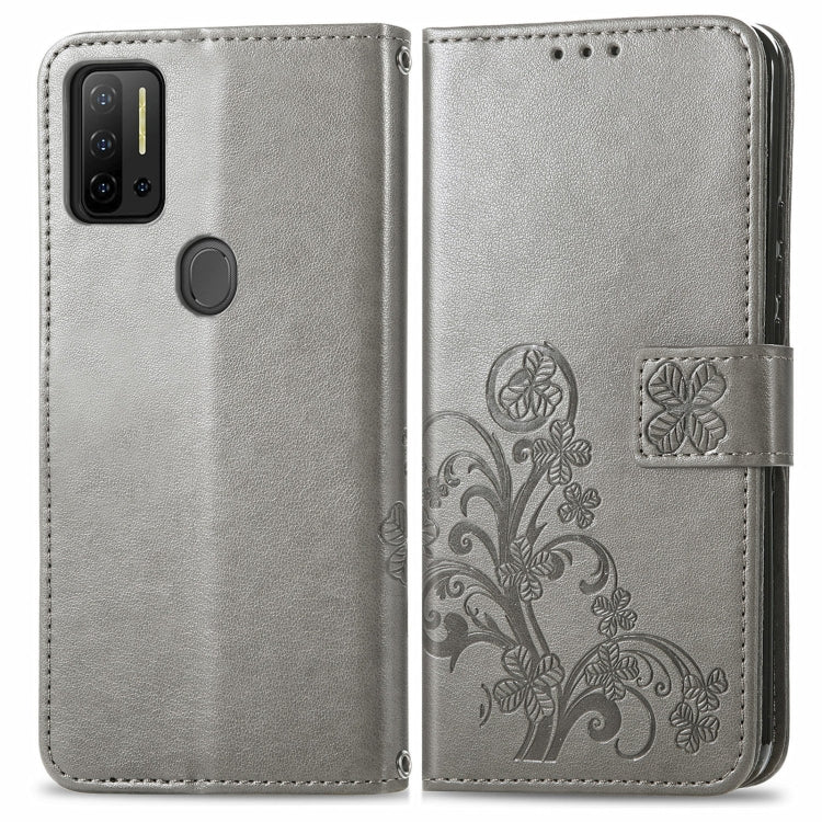 For Ulefone Note 11 Plus Four-leaf Clasp Embossed Buckle Mobile Phone Protection Leather Case with Lanyard & Card Slot & Wallet & Bracket Function(Gray)