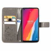 For Ulefone Note 11 Plus Four-leaf Clasp Embossed Buckle Mobile Phone Protection Leather Case with Lanyard & Card Slot & Wallet & Bracket Function(Gray)