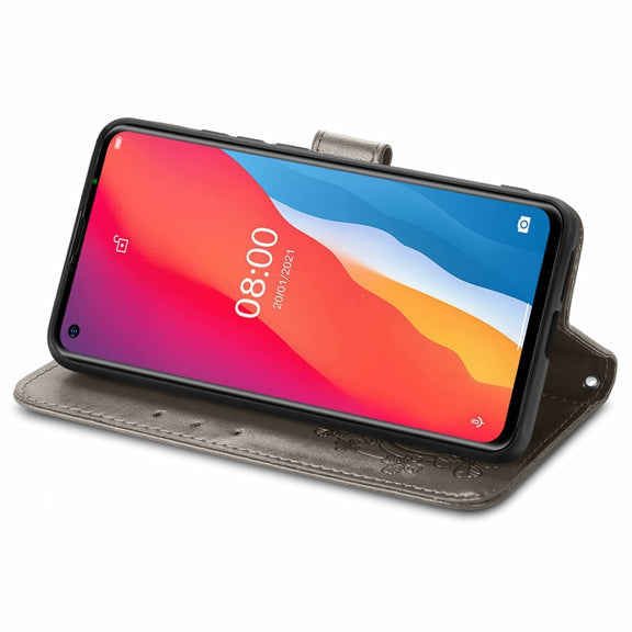 For Ulefone Note 11 Plus Four-leaf Clasp Embossed Buckle Mobile Phone Protection Leather Case with Lanyard & Card Slot & Wallet & Bracket Function(Gray)