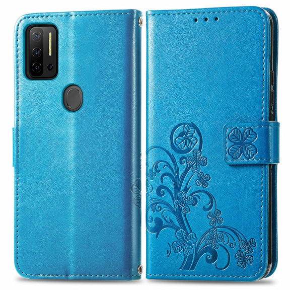 For Ulefone Note 11 Plus Four-leaf Clasp Embossed Buckle Mobile Phone Protection Leather Case with Lanyard & Card Slot & Wallet & Bracket Function(Blue)