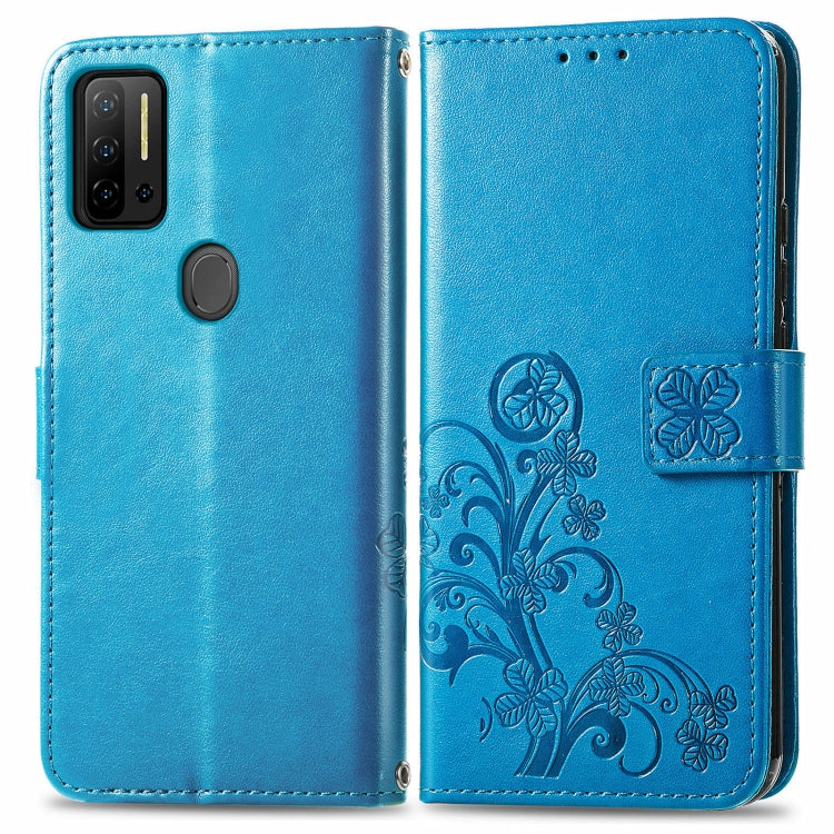 For Ulefone Note 11 Plus Four-leaf Clasp Embossed Buckle Mobile Phone Protection Leather Case with Lanyard & Card Slot & Wallet & Bracket Function(Blue)