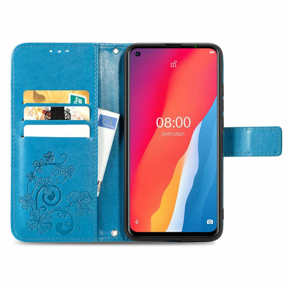 For Ulefone Note 11 Plus Four-leaf Clasp Embossed Buckle Mobile Phone Protection Leather Case with Lanyard & Card Slot & Wallet & Bracket Function(Blue)