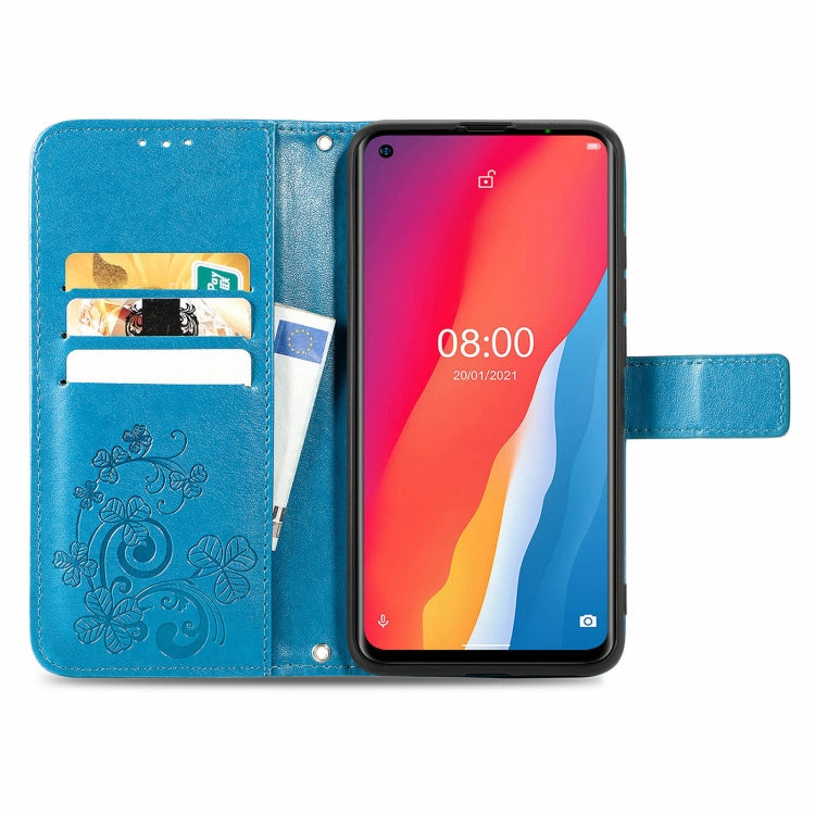 For Ulefone Note 11 Plus Four-leaf Clasp Embossed Buckle Mobile Phone Protection Leather Case with Lanyard & Card Slot & Wallet & Bracket Function(Blue)