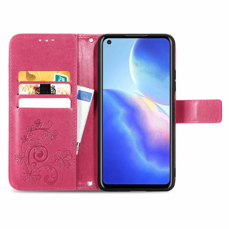 For Blackview A90 Four-leaf Clasp Embossed Buckle Mobile Phone Protection Leather Case with Lanyard & Card Slot & Wallet & Bracket Function(Magenta)