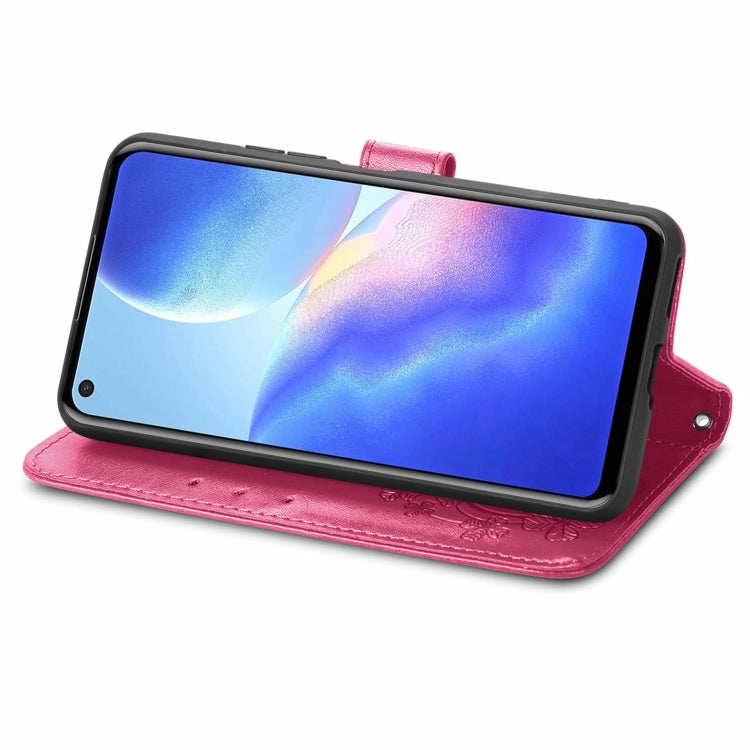 For Blackview A90 Four-leaf Clasp Embossed Buckle Mobile Phone Protection Leather Case with Lanyard & Card Slot & Wallet & Bracket Function(Magenta)
