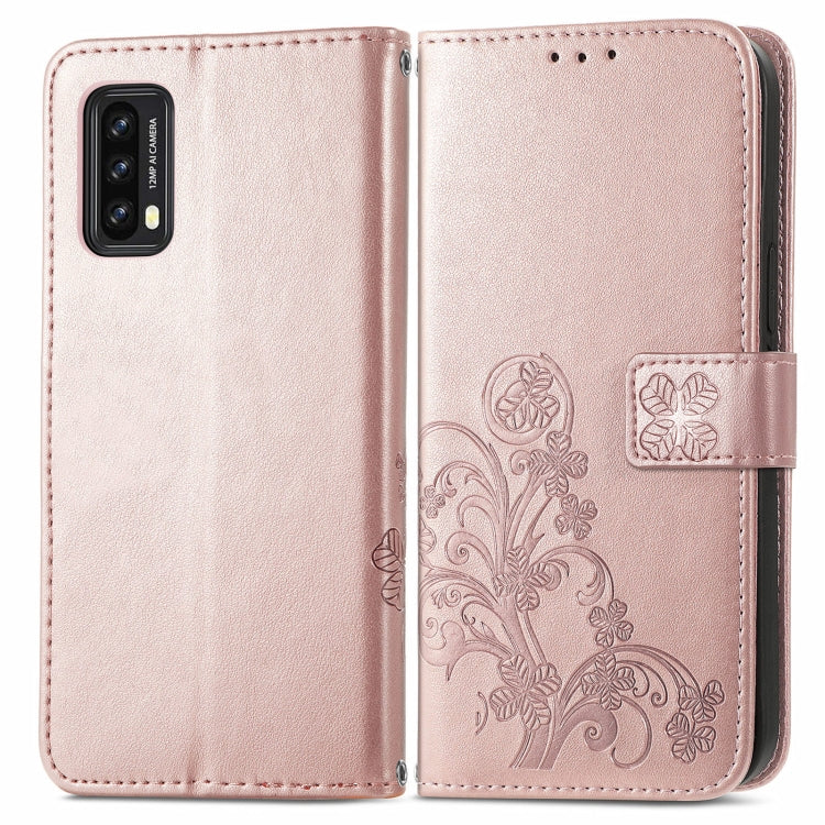 For Blackview A90 Four-leaf Clasp Embossed Buckle Mobile Phone Protection Leather Case with Lanyard & Card Slot & Wallet & Bracket Function(Rose Gold)