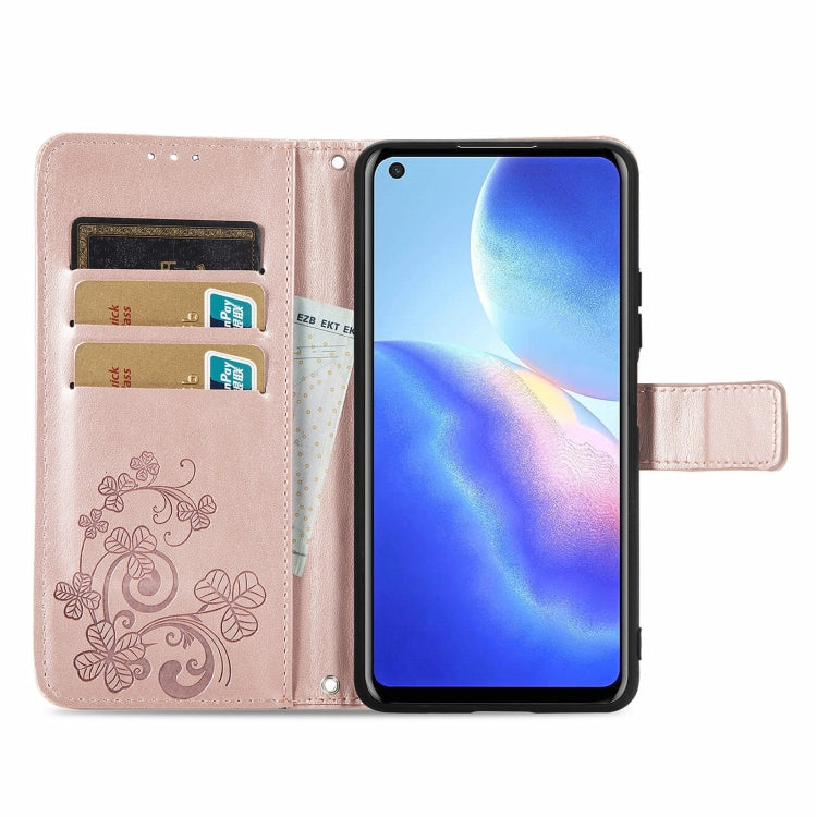For Blackview A90 Four-leaf Clasp Embossed Buckle Mobile Phone Protection Leather Case with Lanyard & Card Slot & Wallet & Bracket Function(Rose Gold)