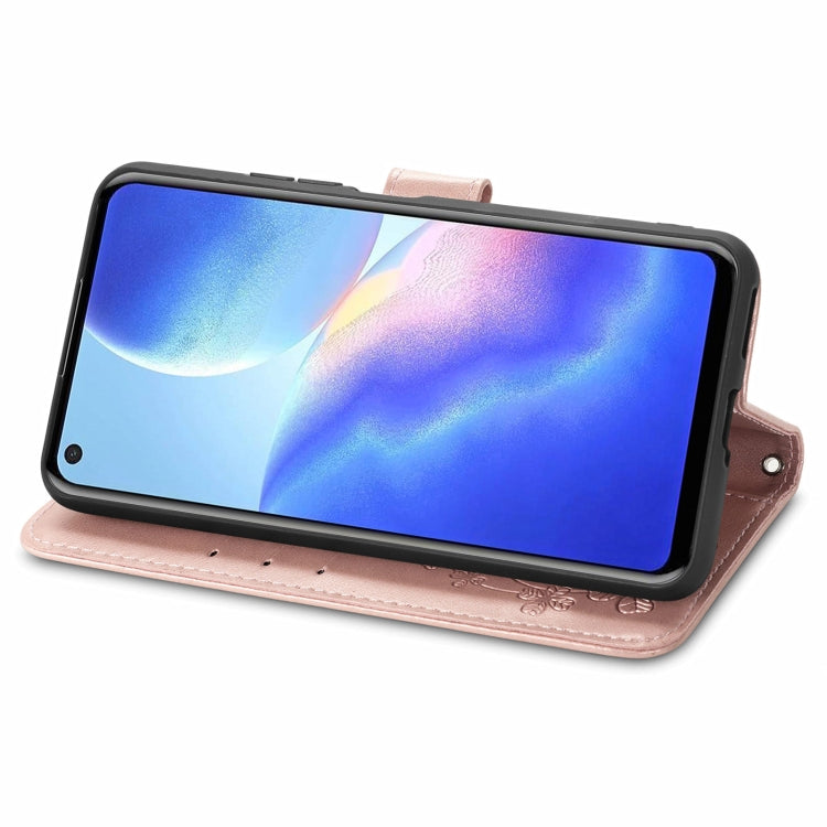 For Blackview A90 Four-leaf Clasp Embossed Buckle Mobile Phone Protection Leather Case with Lanyard & Card Slot & Wallet & Bracket Function(Rose Gold)