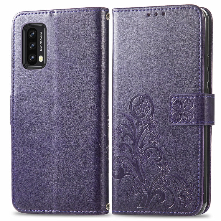 For Blackview A90 Four-leaf Clasp Embossed Buckle Mobile Phone Protection Leather Case with Lanyard & Card Slot & Wallet & Bracket Function(Purple)