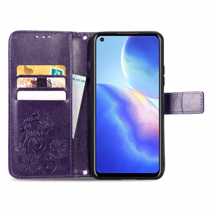 For Blackview A90 Four-leaf Clasp Embossed Buckle Mobile Phone Protection Leather Case with Lanyard & Card Slot & Wallet & Bracket Function(Purple)