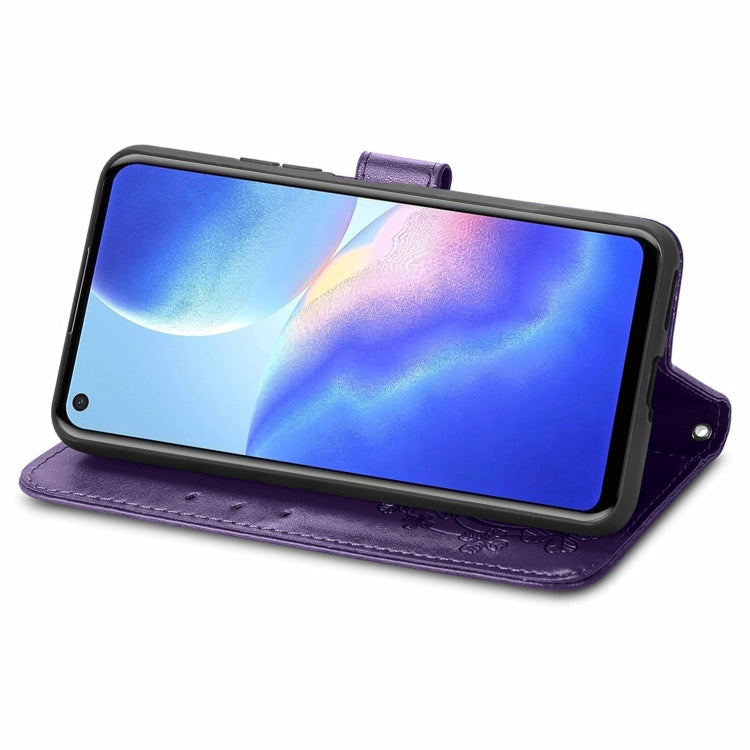 For Blackview A90 Four-leaf Clasp Embossed Buckle Mobile Phone Protection Leather Case with Lanyard & Card Slot & Wallet & Bracket Function(Purple)