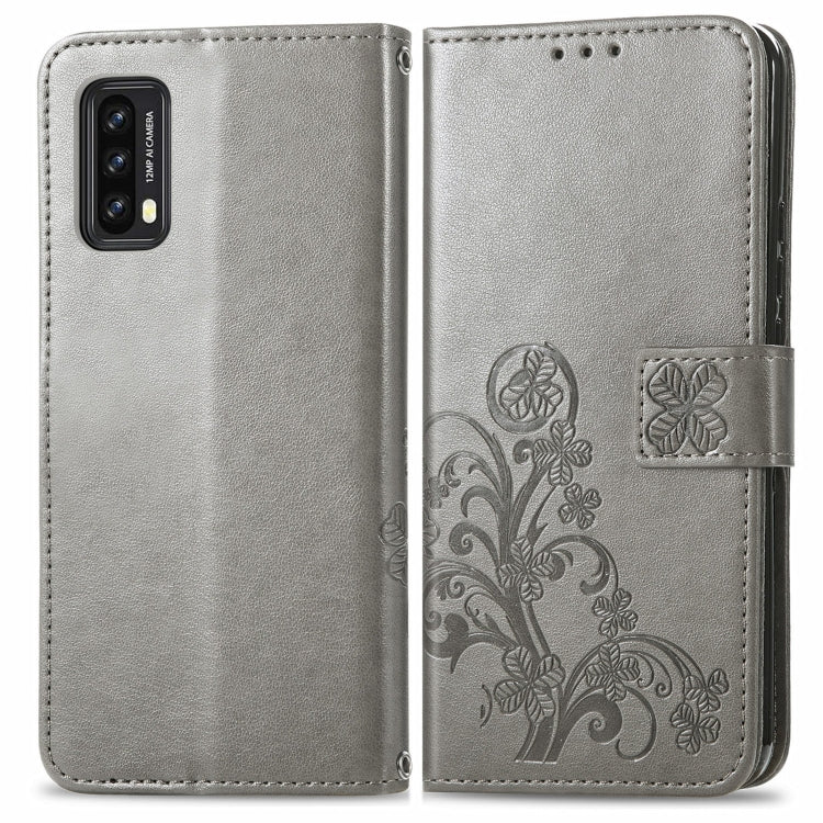 For Blackview A90 Four-leaf Clasp Embossed Buckle Mobile Phone Protection Leather Case with Lanyard & Card Slot & Wallet & Bracket Function(Gray)