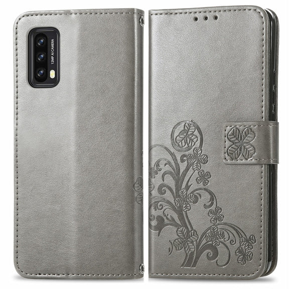 For Blackview A90 Four-leaf Clasp Embossed Buckle Mobile Phone Protection Leather Case with Lanyard & Card Slot & Wallet & Bracket Function(Gray)
