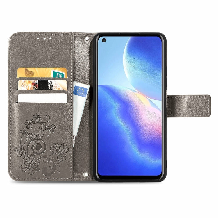 For Blackview A90 Four-leaf Clasp Embossed Buckle Mobile Phone Protection Leather Case with Lanyard & Card Slot & Wallet & Bracket Function(Gray)