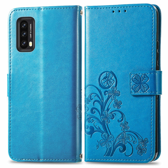 For Blackview A90 Four-leaf Clasp Embossed Buckle Mobile Phone Protection Leather Case with Lanyard & Card Slot & Wallet & Bracket Function(Blue)