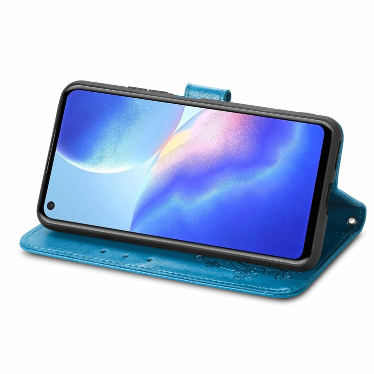 For Blackview A90 Four-leaf Clasp Embossed Buckle Mobile Phone Protection Leather Case with Lanyard & Card Slot & Wallet & Bracket Function(Blue)