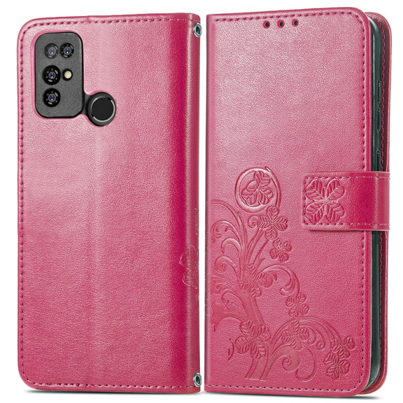 For  Doogee X96 Pro Four-leaf Clasp Embossed Buckle Mobile Phone Protection Leather Case with Lanyard & Card Slot & Wallet & Bracket Function(Magenta)