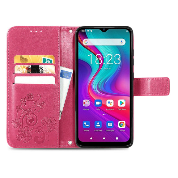 For  Doogee X96 Pro Four-leaf Clasp Embossed Buckle Mobile Phone Protection Leather Case with Lanyard & Card Slot & Wallet & Bracket Function(Magenta)