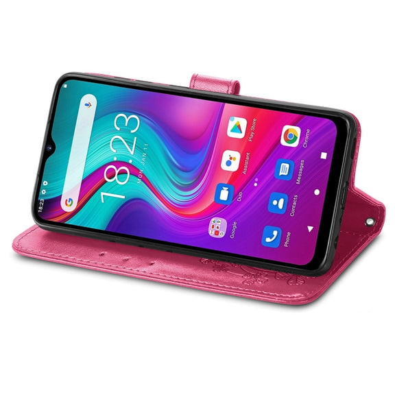 For  Doogee X96 Pro Four-leaf Clasp Embossed Buckle Mobile Phone Protection Leather Case with Lanyard & Card Slot & Wallet & Bracket Function(Magenta)