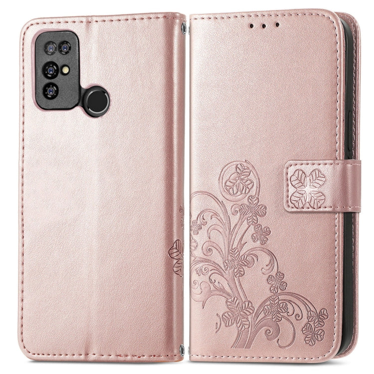 For  Doogee X96 Pro Four-leaf Clasp Embossed Buckle Mobile Phone Protection Leather Case with Lanyard & Card Slot & Wallet & Bracket Function(Rose Gold)
