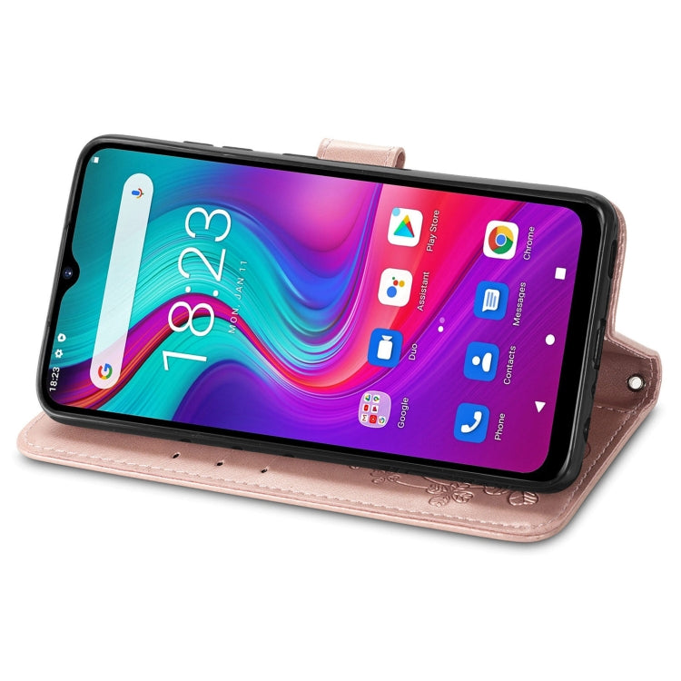 For  Doogee X96 Pro Four-leaf Clasp Embossed Buckle Mobile Phone Protection Leather Case with Lanyard & Card Slot & Wallet & Bracket Function(Rose Gold)