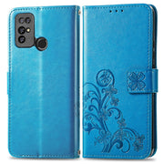 For  Doogee X96 Pro Four-leaf Clasp Embossed Buckle Mobile Phone Protection Leather Case with Lanyard & Card Slot & Wallet & Bracket Function(Blue)