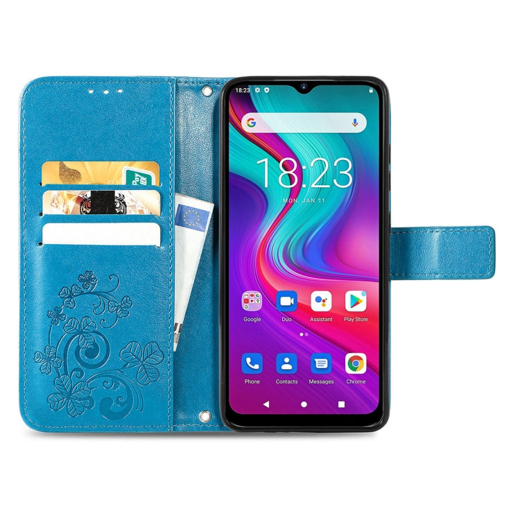 For  Doogee X96 Pro Four-leaf Clasp Embossed Buckle Mobile Phone Protection Leather Case with Lanyard & Card Slot & Wallet & Bracket Function(Blue)