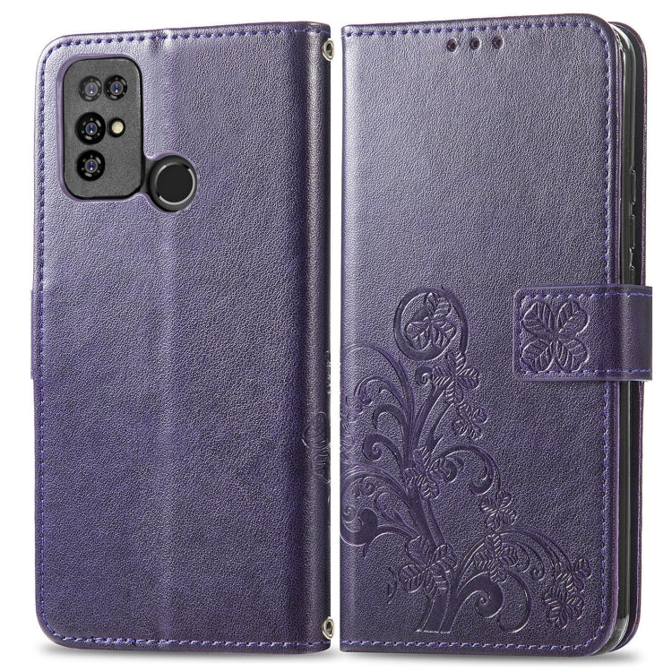 For  Doogee X96 Pro Four-leaf Clasp Embossed Buckle Mobile Phone Protection Leather Case with Lanyard & Card Slot & Wallet & Bracket Function(Purple)