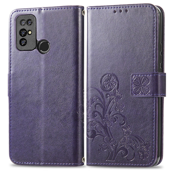 For  Doogee X96 Pro Four-leaf Clasp Embossed Buckle Mobile Phone Protection Leather Case with Lanyard & Card Slot & Wallet & Bracket Function(Purple)