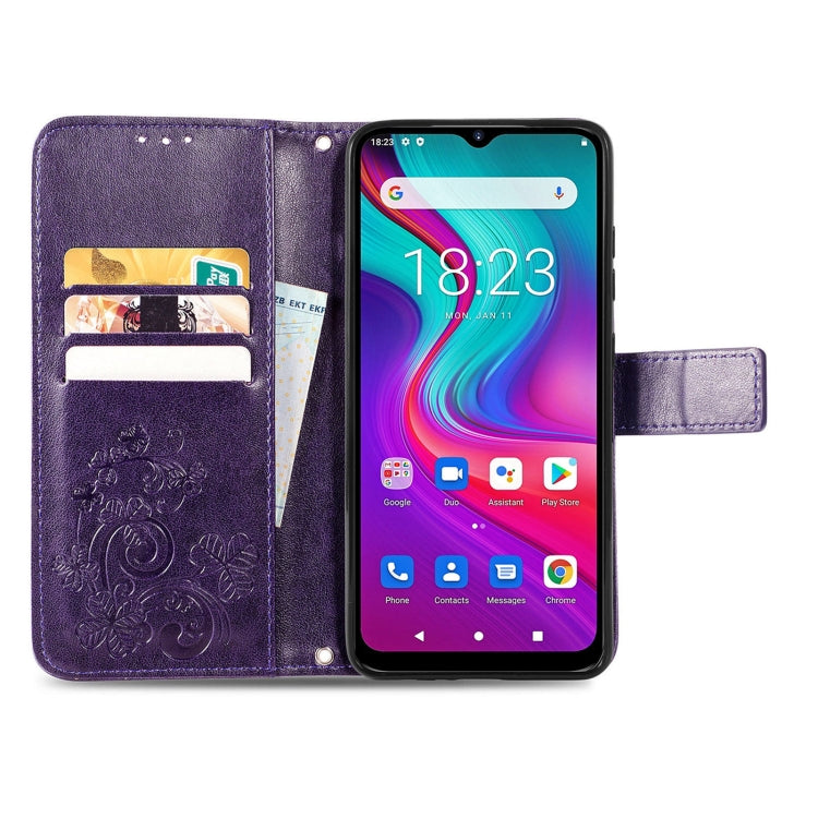 For  Doogee X96 Pro Four-leaf Clasp Embossed Buckle Mobile Phone Protection Leather Case with Lanyard & Card Slot & Wallet & Bracket Function(Purple)