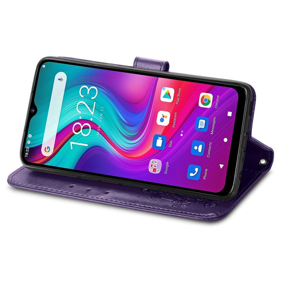 For  Doogee X96 Pro Four-leaf Clasp Embossed Buckle Mobile Phone Protection Leather Case with Lanyard & Card Slot & Wallet & Bracket Function(Purple)