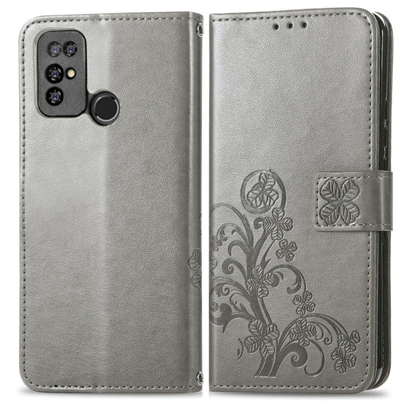 For  Doogee X96 Pro Four-leaf Clasp Embossed Buckle Mobile Phone Protection Leather Case with Lanyard & Card Slot & Wallet & Bracket Function(Gray)