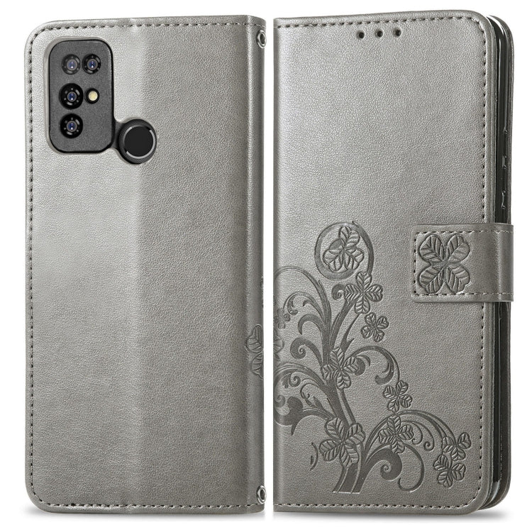 For  Doogee X96 Pro Four-leaf Clasp Embossed Buckle Mobile Phone Protection Leather Case with Lanyard & Card Slot & Wallet & Bracket Function(Gray)