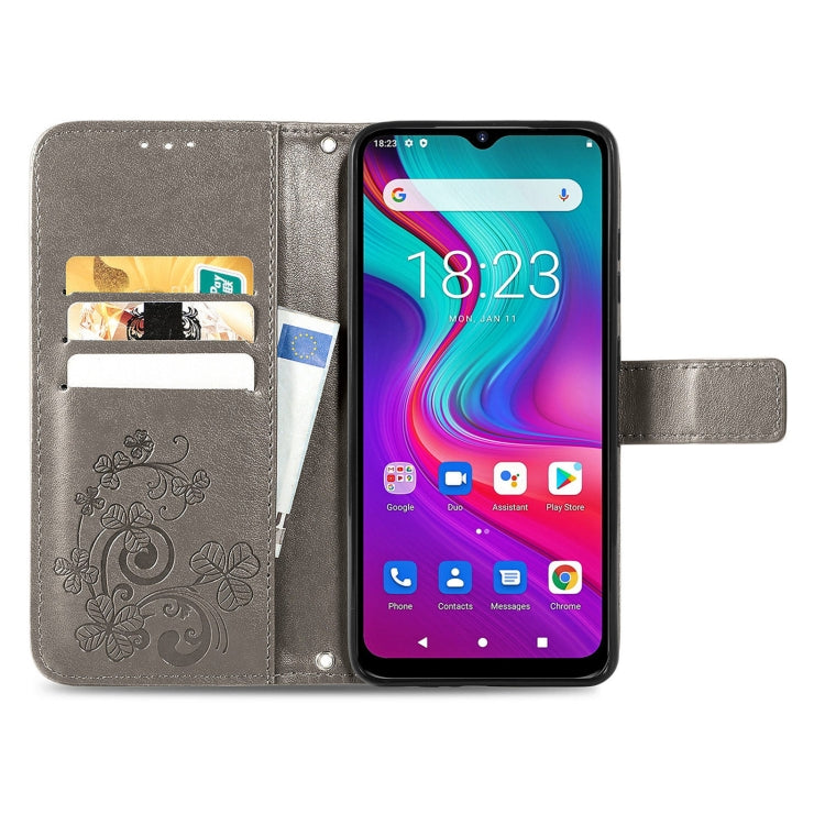 For  Doogee X96 Pro Four-leaf Clasp Embossed Buckle Mobile Phone Protection Leather Case with Lanyard & Card Slot & Wallet & Bracket Function(Gray)