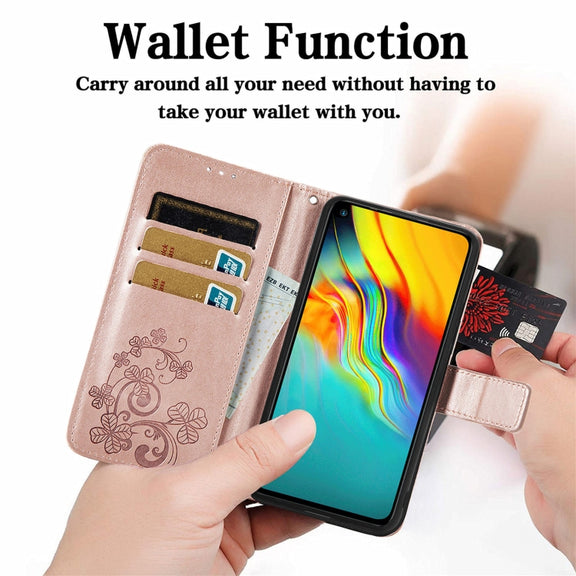 For  Doogee X96 Pro Four-leaf Clasp Embossed Buckle Mobile Phone Protection Leather Case with Lanyard & Card Slot & Wallet & Bracket Function(Rose Gold)