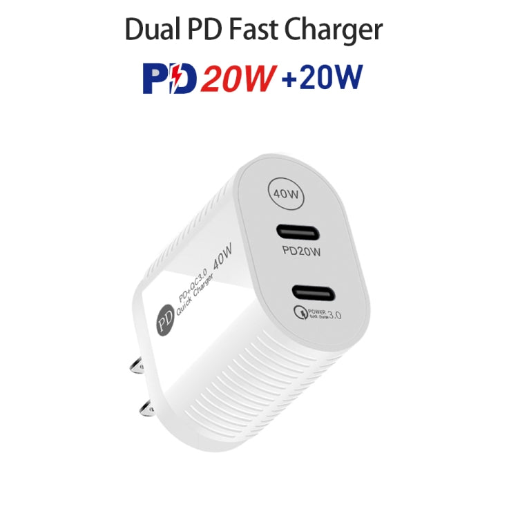 40W Dual Port PD / Type-C Fast Charger for iPhone / iPad Series, US Plug(White)