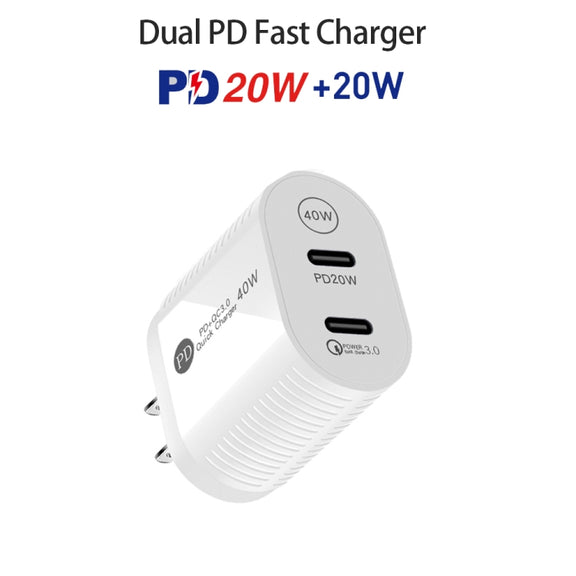 40W Dual Port PD / Type-C Fast Charger for iPhone / iPad Series, US Plug(White)
